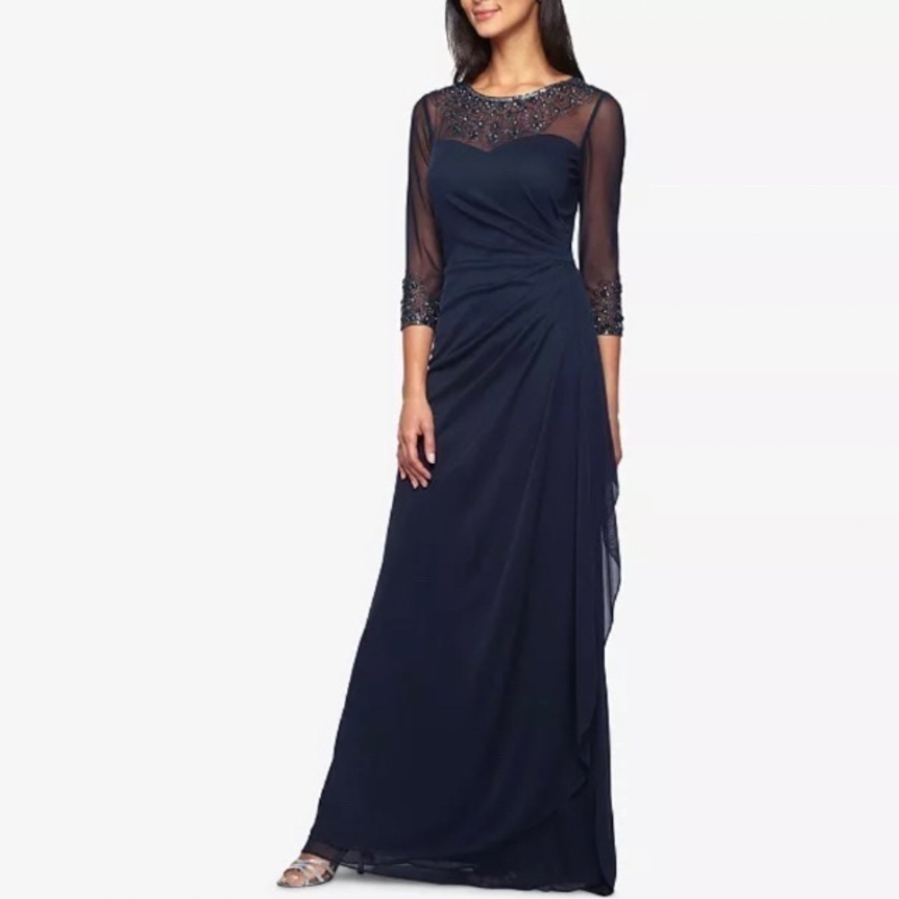 Alex Evenings Illusion Embellished 3/4 Sleeve Ruched A-Line Gown in Dark Navy - Picture 2 of 14
